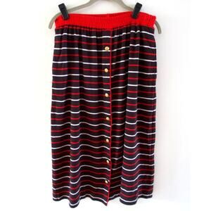 Vintage 80s 90s Nautical Midi Skirt M Red Black White Striped Gold Button Preppy